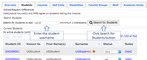 How to search for a student on the Students tab